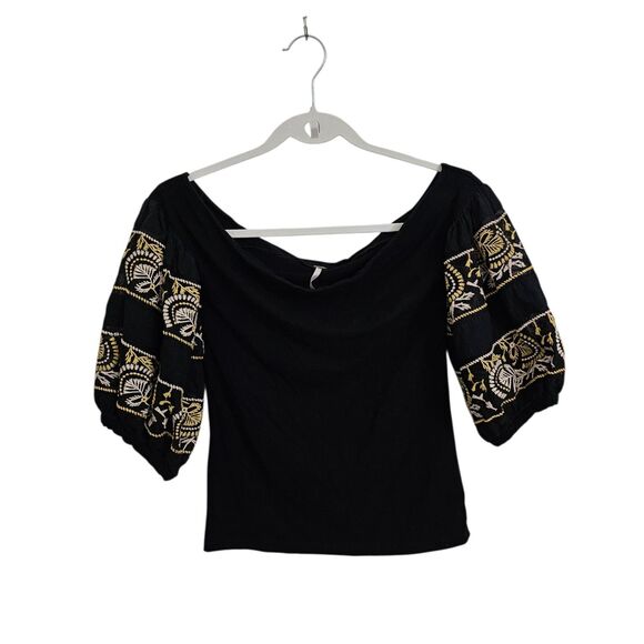 Free People Rock With It Top XS Black‎ Embroidered Off the Shoulder Boho Blouse - Picture 2 of 10